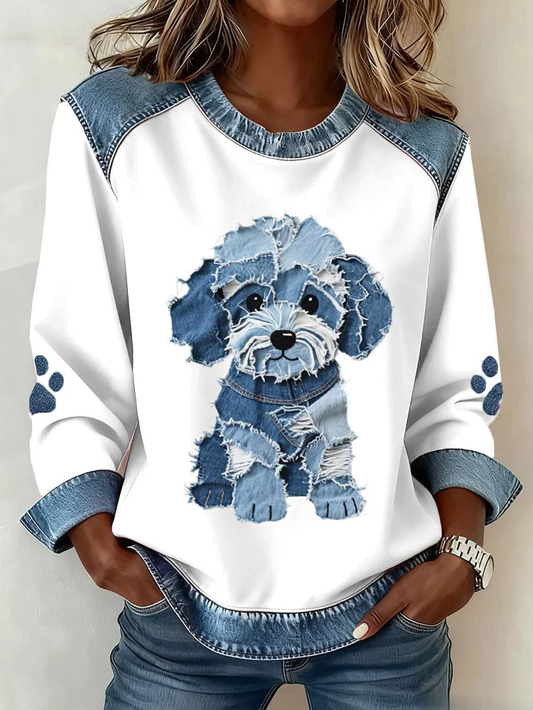 Women's Lovely Furry Dog Pattern Denim Patchwork Art Sweatshirt
