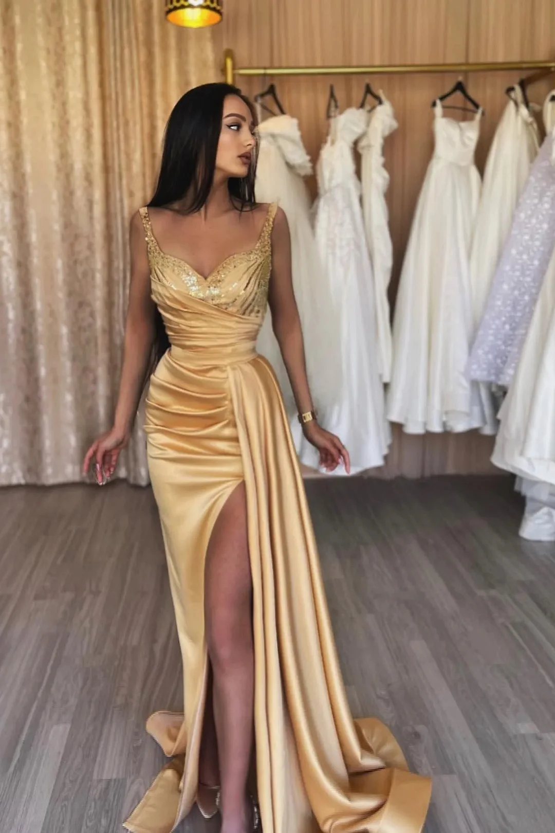 Amazing Champagne V-Neck Sleeveless Evening Dress Mermaid Sequins Slit - lulusllly