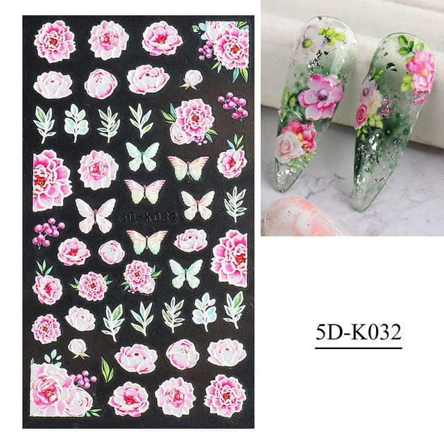 Nail Stickers Embossed 5D Flowers Leafs Designs Back Glue Nail Decals Decoration Tips For Beauty Salons-Nail Inspo