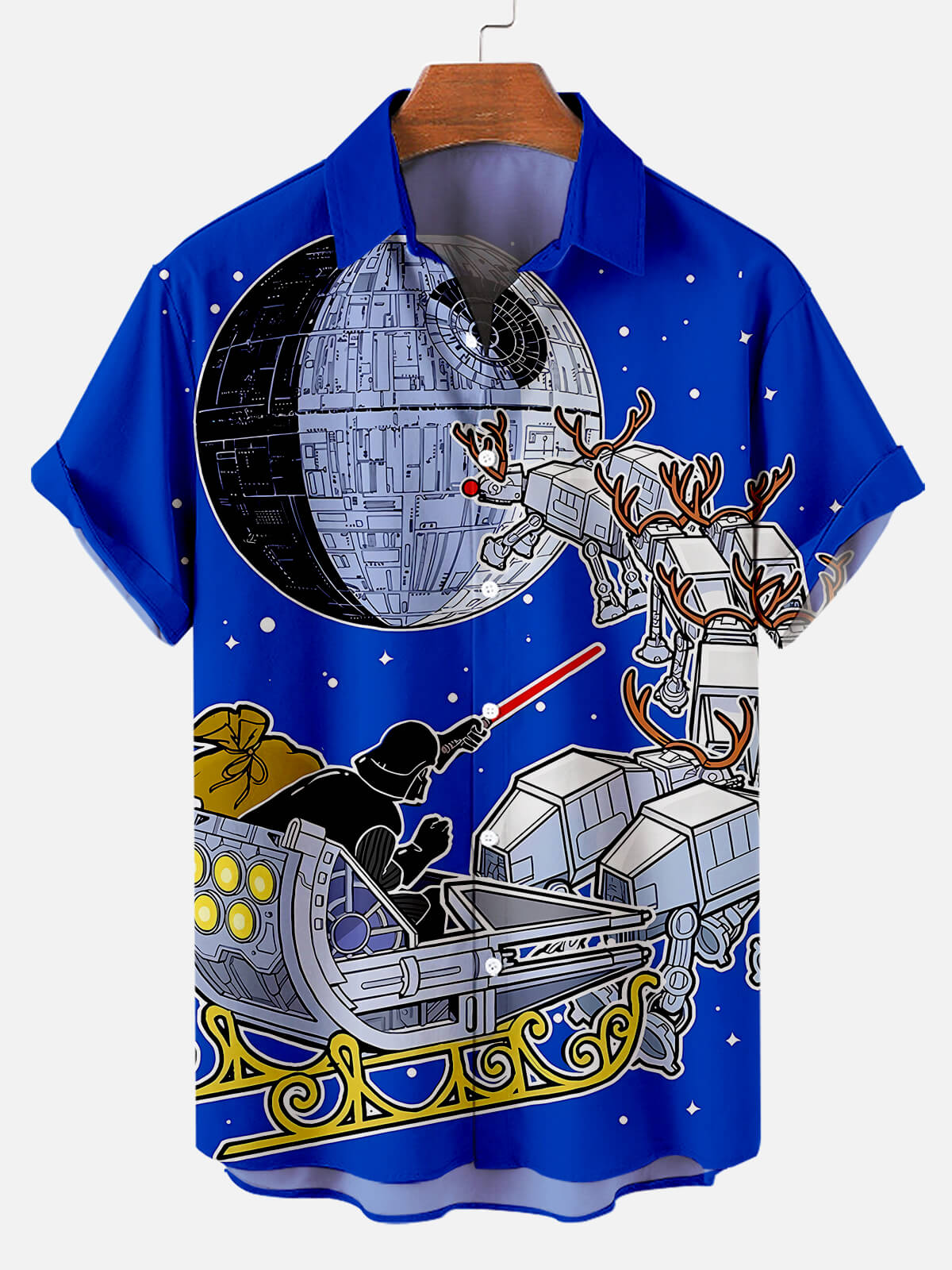 Men's Christmas Cartoon Elk Fun Print Short Sleeve Shirt PLUSCLOTHESMAN