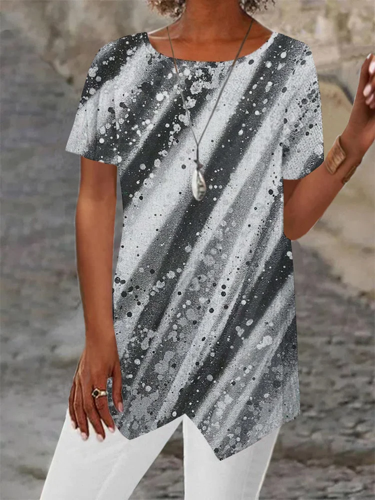 Women Asymmetrical Short Sleeve Scoop Neck Striped Printed Top