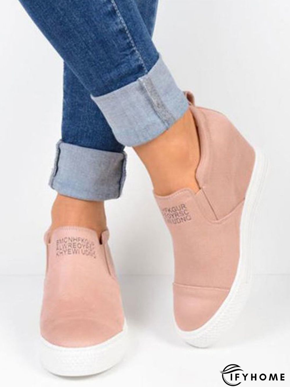 Letter Stitching Inner Heightening Round Toe Wedges | IFYHOME