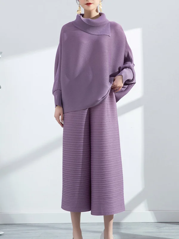 Simple Loose Long Sleeves Pleated Solid Color High-Neck T-Shirt Top&Wide Legs Pants Two Pieces Set