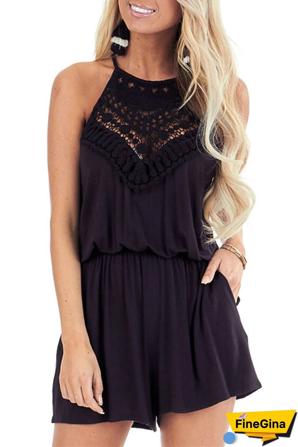 Lace Panel Solid Color Pocket Romper