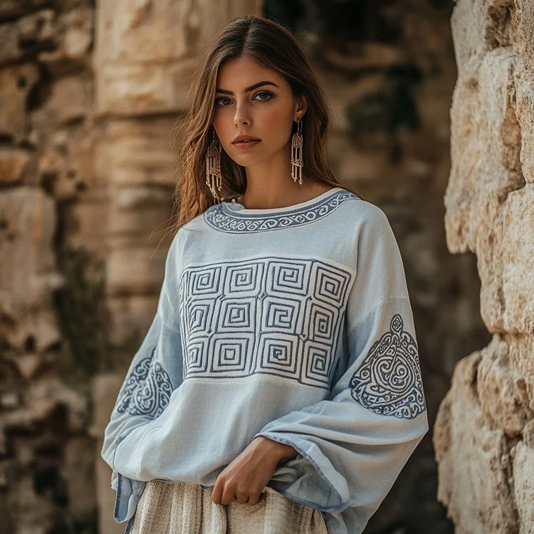Vintage Greek Key Motif Patchwork Cotton Linen Contrast Shirt