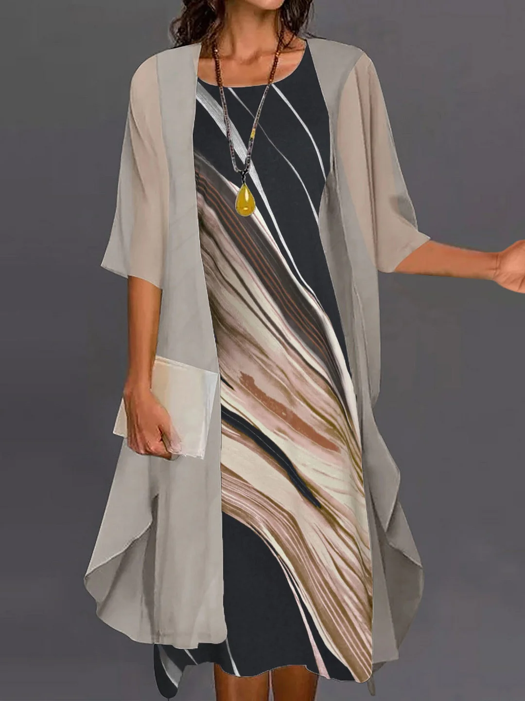 Women's Half Sleeve Scoop Neck Graphic Printed Two-piece Midi Dress
