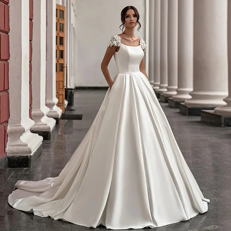 Girlwedding Satin Wedding Dresses Cap Sleeve Scoop Neck Flowers Court Train A Line Princess Bridal Gowns With Pockets Vestidos De