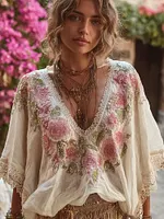 Pink Floral Embroidered V Neck Bohemian Linen T Shirt