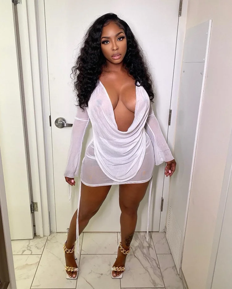 Summer Sexy Deep V-Neck Long Sleeve Top See ThroughTwo Piece Skirt Set