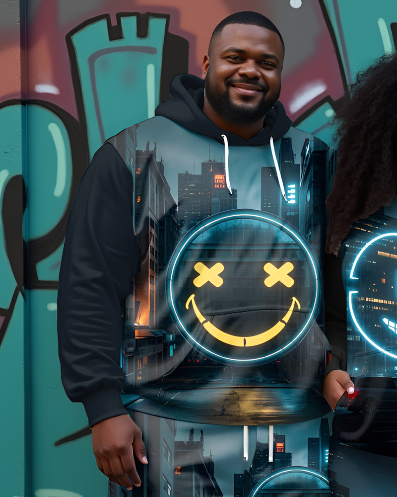 Couple Plus Size Neon Smiley Face On City Street Print Hoodie Set