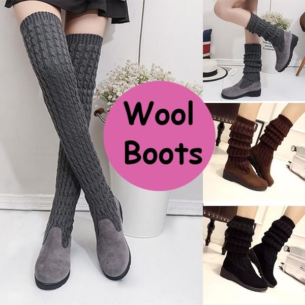 Winter Women Shoes Knit Wool Boots Knee High Boots Flat Shoes Warm Shoes - Life is Beautiful for You - SheChoic