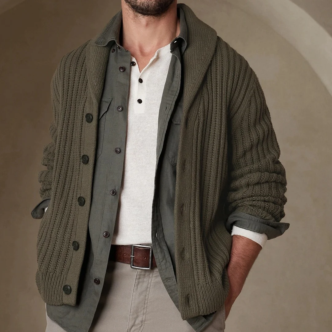 Army Green Lapel Long-sleeved Knitted Sweater Jacket