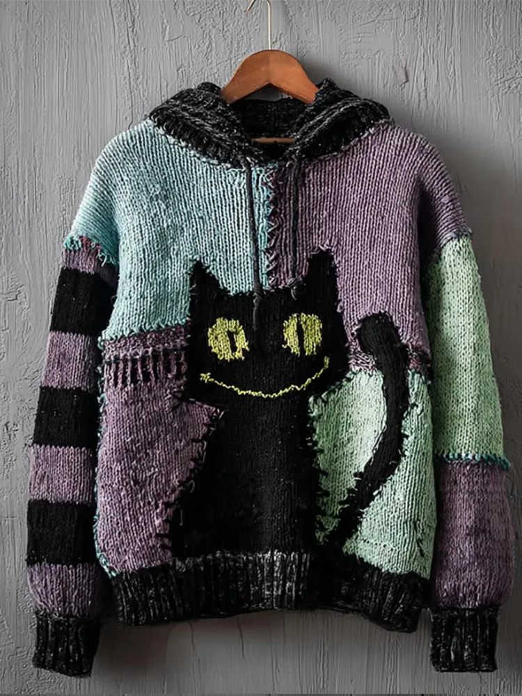 Halloween Black Cat Patchwork Vintage Hooded Sweater