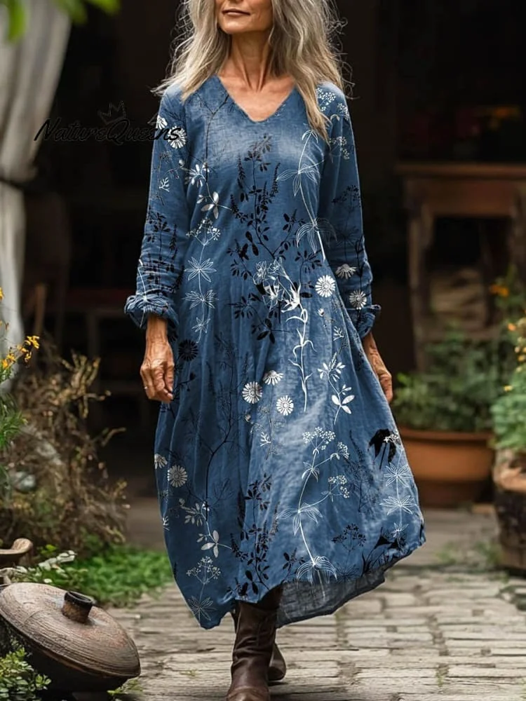 Women's Vintage Lovely Floral Art Print Pocket Cotton Dress