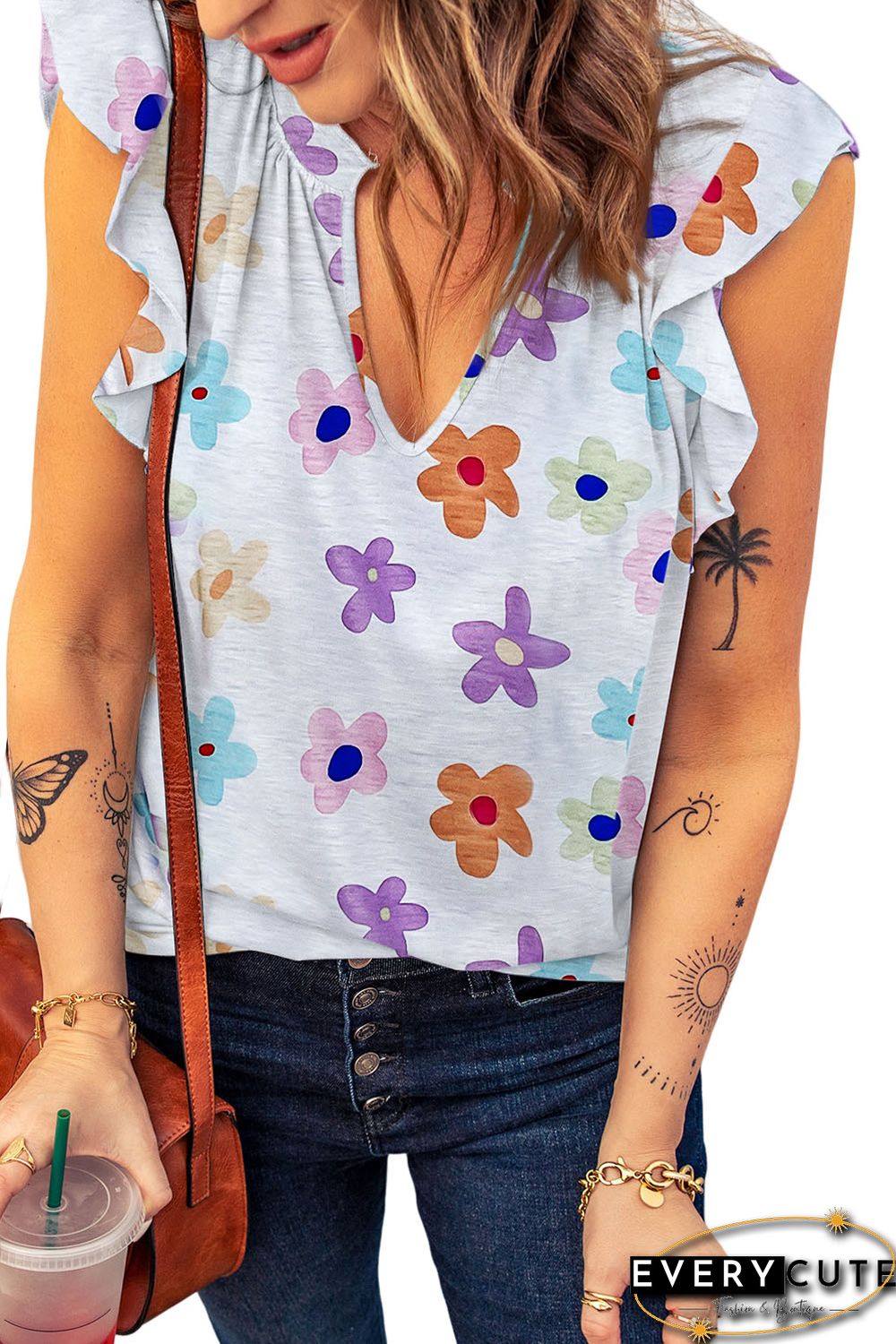 White Flower Print Notch V-Neck Flutter Sleeveless Tank