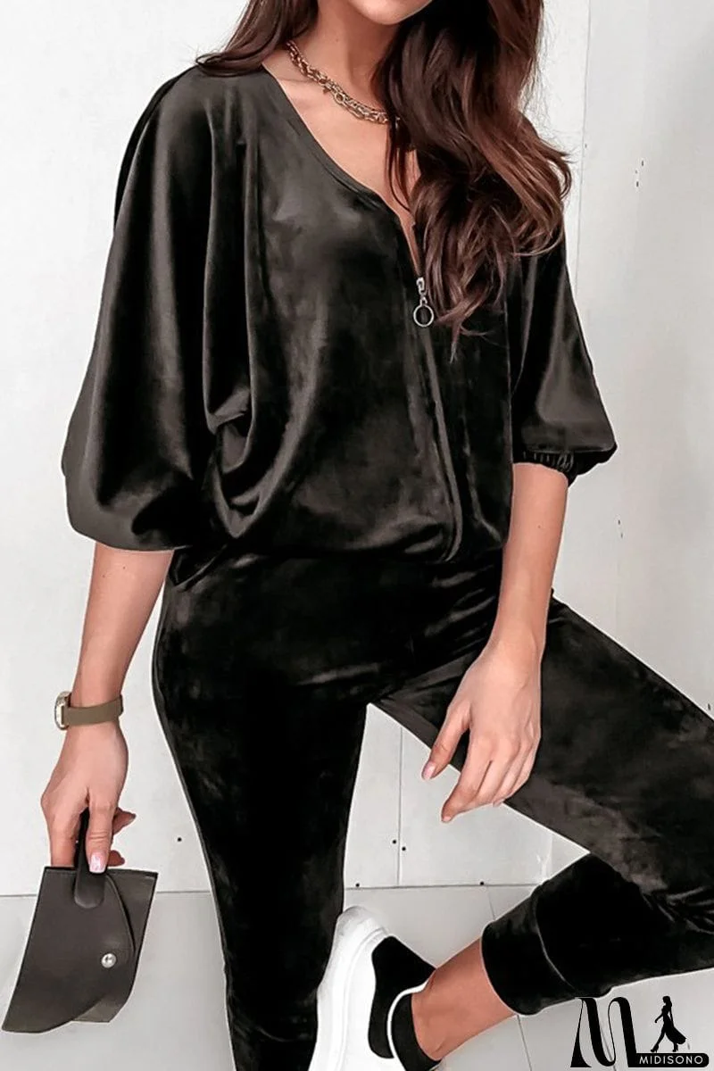 MidiSono - Casual Street Solid Zipper V Neck Long Sleeve Two Pieces