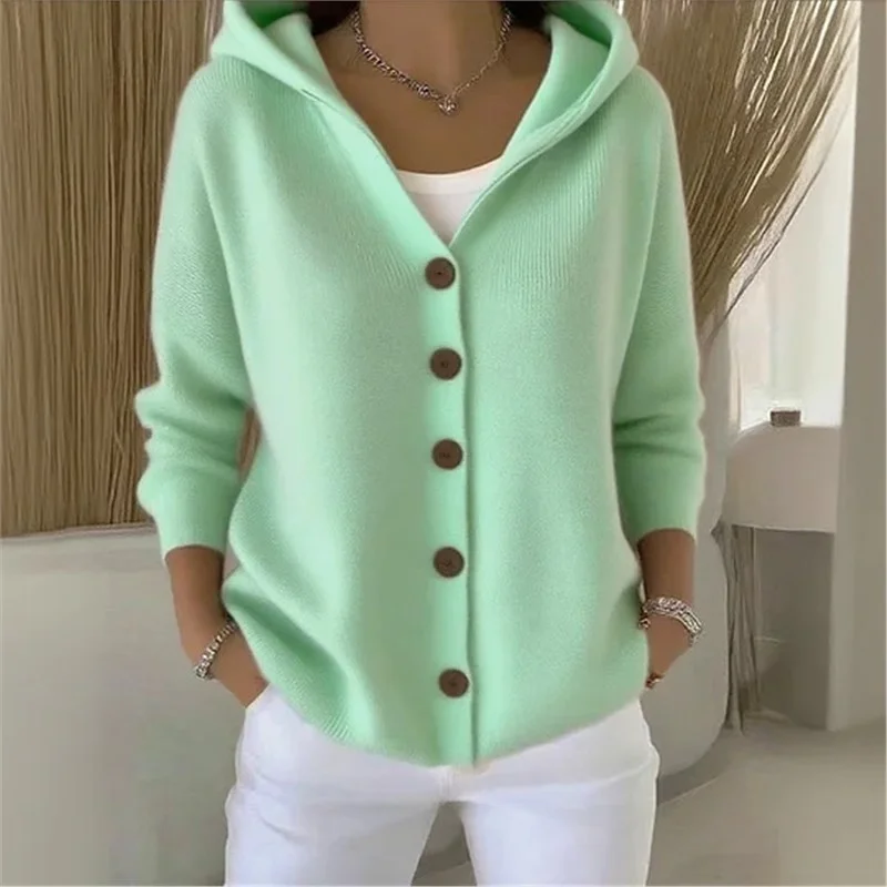 Athvotar Athvotar Knitted Hooded Sweater Button Open Shirt Jacket Autumn And Winter New Solid Color Casual Fashion Sweater