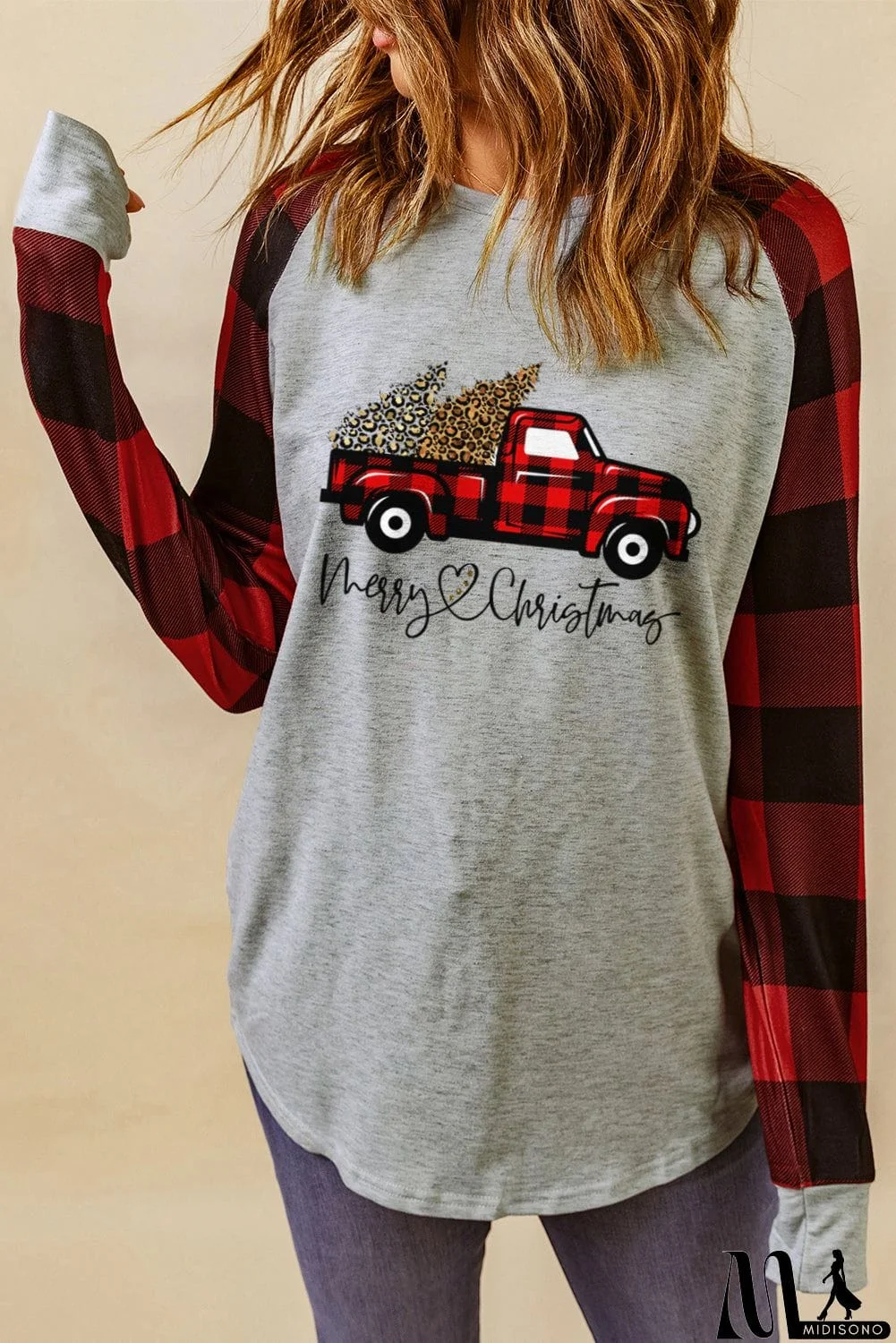 MidiSono - Merry Christmas Truck Plaid Patchwork Pullover Sweatshirt