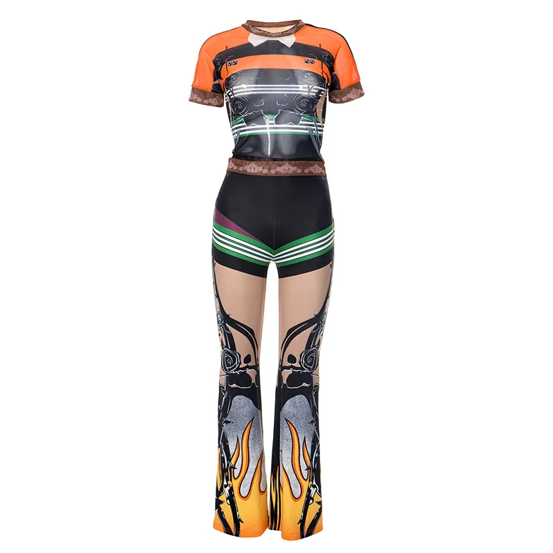 Uveng Uveng Women's Spring And Summer Painted Perspective Network Collar Collar Collar Tight High-Waisted Horn Suit