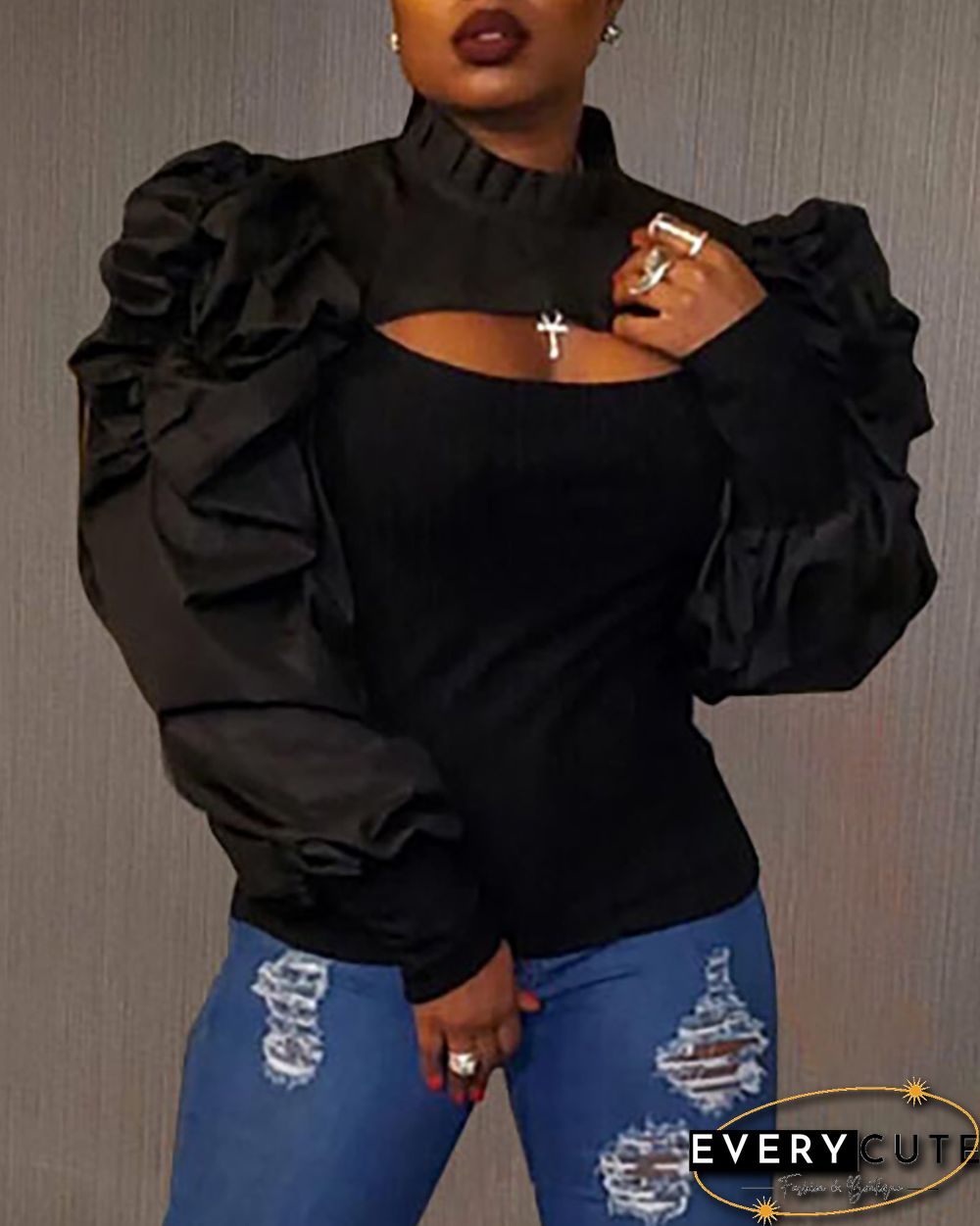 Plain Puff Sleeve Cutout Top