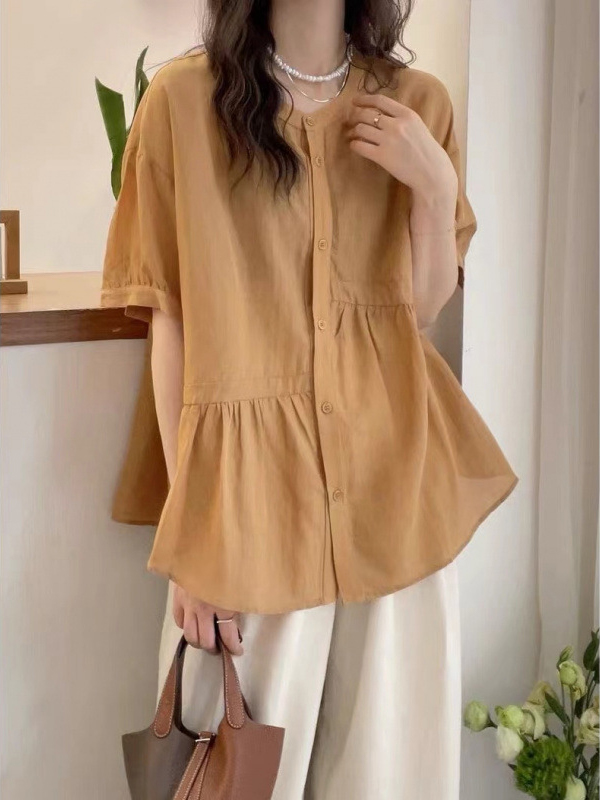 Button Up Solid Color Short Sleeve Round Neck Casual Shirt