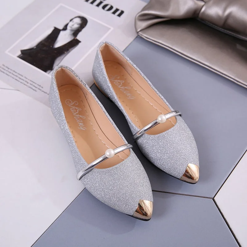 2022 Ladies Party Pearl Pumps Women's High Quality Low-Heeled Shoes Female Sequined Cloth Boat Shoes Women Silver Pointed Shoes