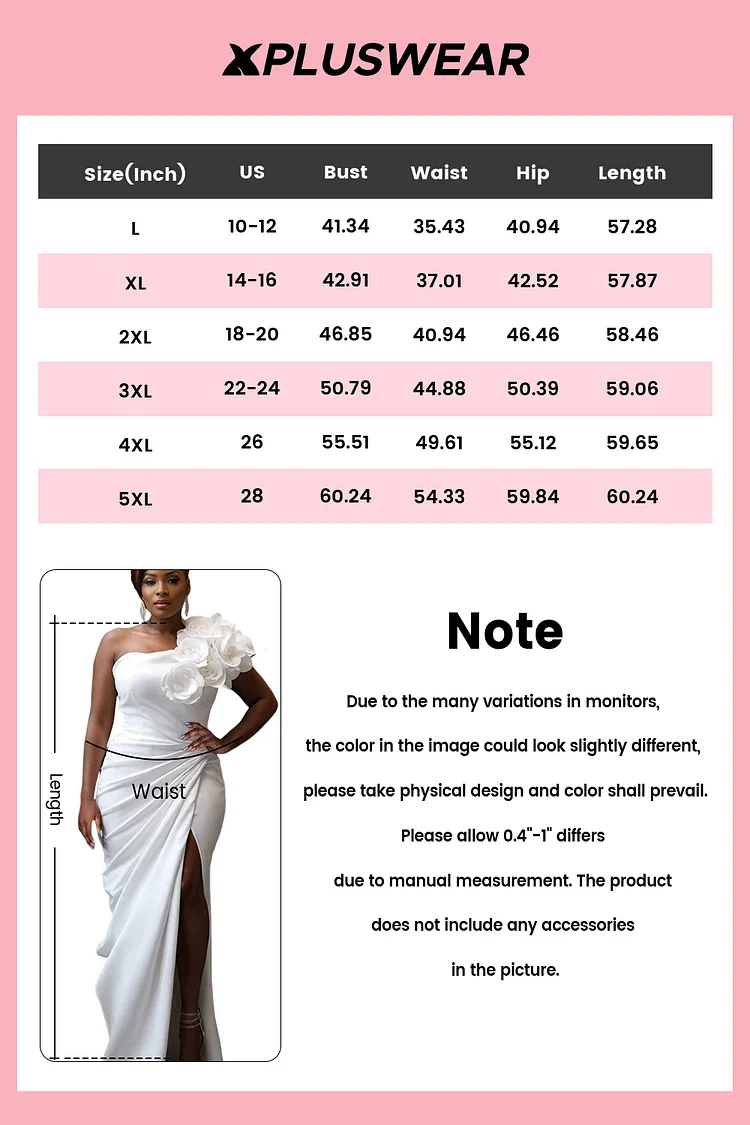 Plus Size Wedding White Elegant 3D Flower One Shoulder Strappy Maxi Dress