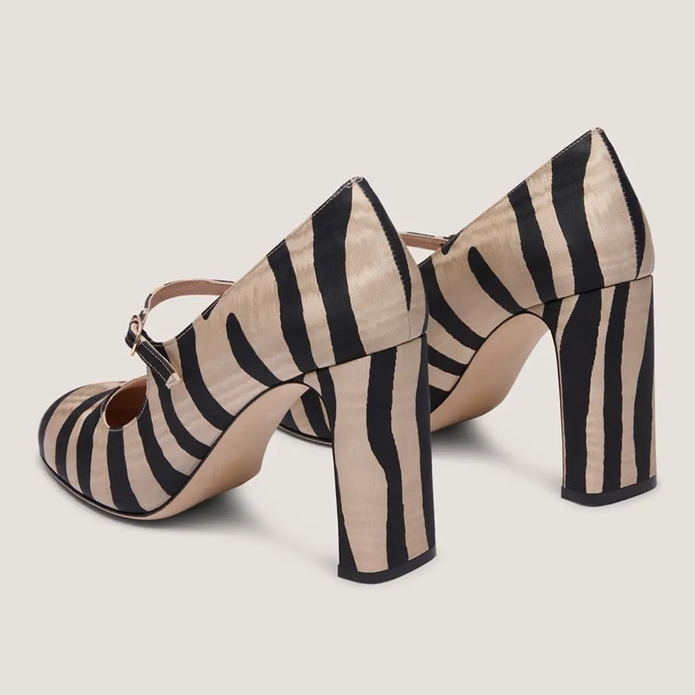 Fabric Round Toe Block Heel Mary Jane Pumps in Zebra Print