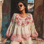 Vintage Rose Romantic Embroidery Women's Linen Loose Shirt - Image 2
