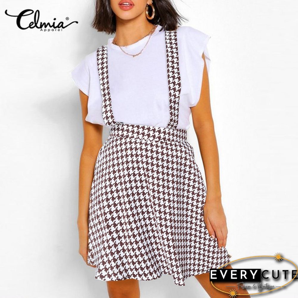 Summer Women Plaid Loose Swing Strap Skirt Dress Casual Suspender Skirt Plus Size