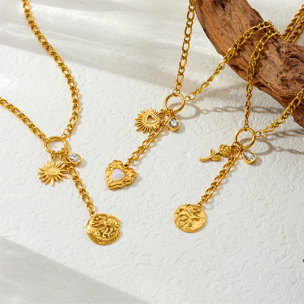 Fashion Stainless Steel Long Tassel Round Flower Sun And Moon Water Drop Diamond Love Clavicle Chain Spring And Summer Necklace