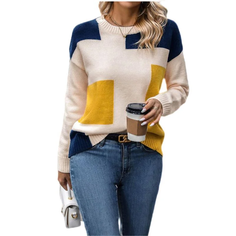 Nigikala Nigikala Shirt Splicing Colliding Color Sweater Loose Leisure Collar Collar Top Woman