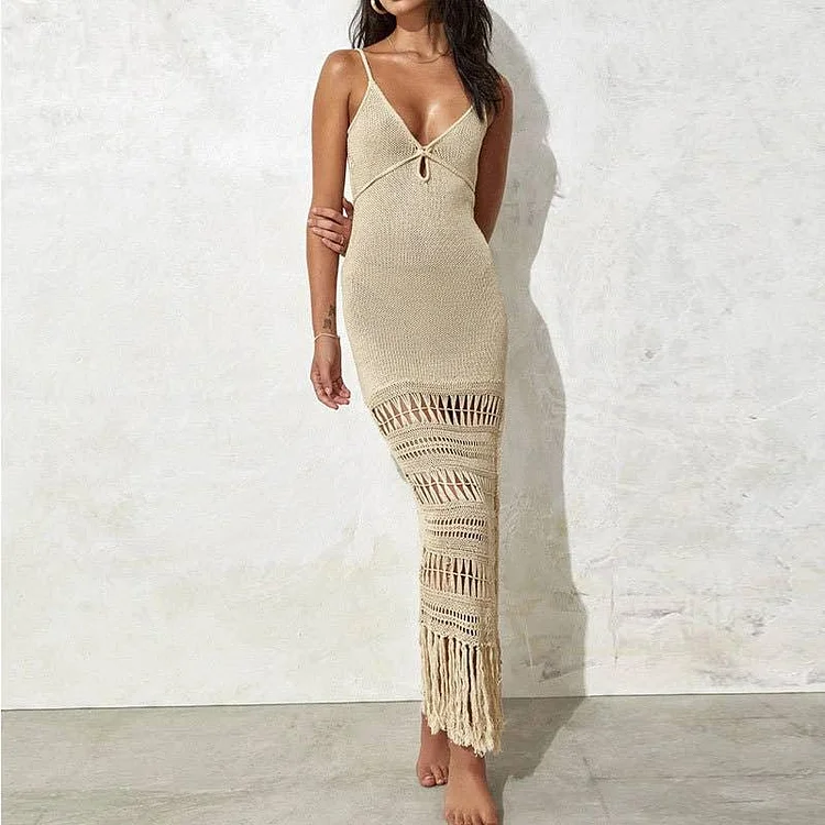 Solid Color Tassels Bikini Swimwear Cover Up Dress HL9771