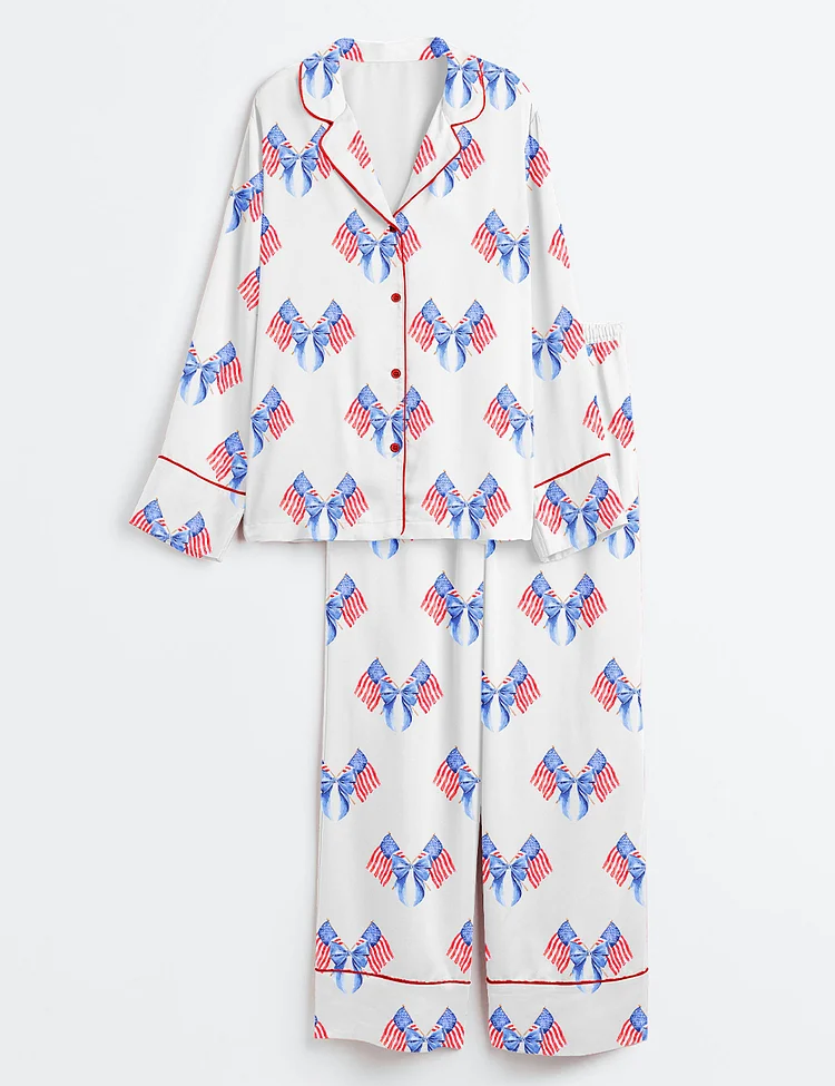 Women&rsquo;s Coquette USA 4th Of July Png America Girly Print Long Sleeve Satin Pajama Set