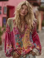 Women's Floral Embroidery Art Colorblock Linen Blend V-neck Boho Shirt