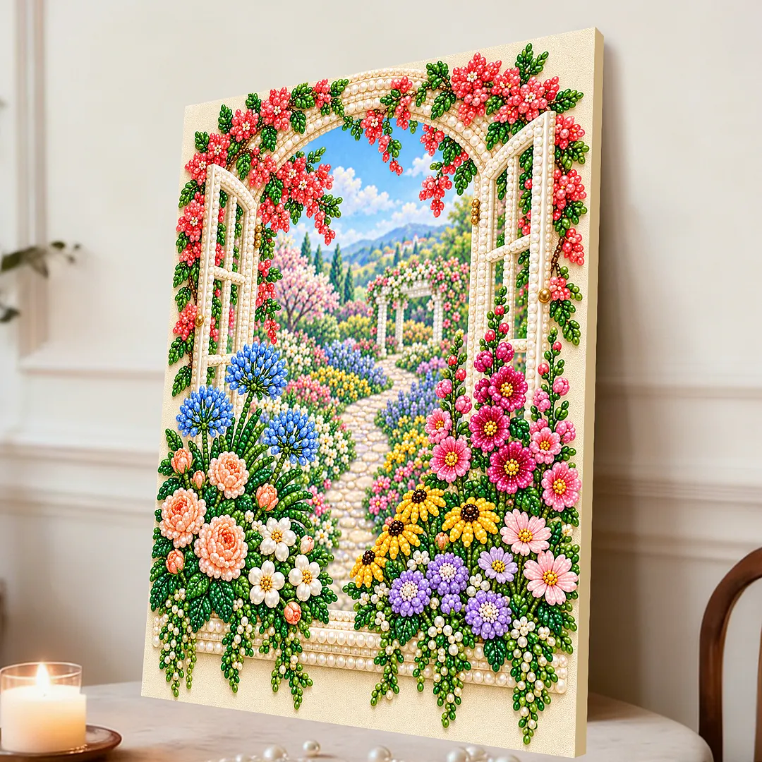 Framed Pearl Painting Kit Latticed Window 11.81x15.75in