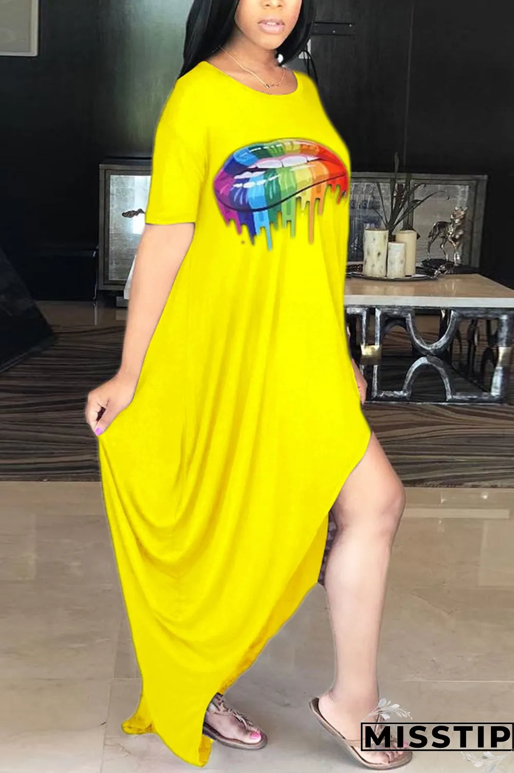 Blue Fashion Printing Loose Irregular Dress