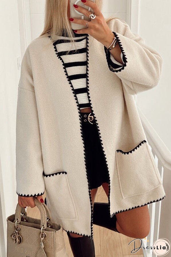 British Style Elegant Solid Pocket Contrast V Neck Outerwear