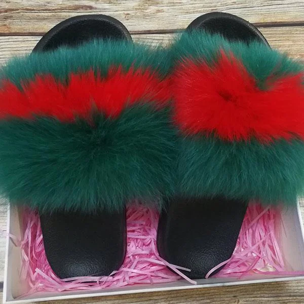 Green Red Fox Fur Slides Sandals For Women Fur Shoes Real Fur Sandals Furry Slides Fluffy Fox Fur Slippers