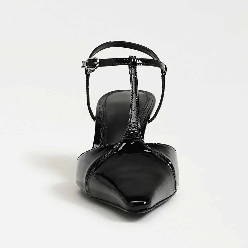 Patent Leather Pointed Toe T-Strap Chunky Heel Black Pumps with Buckle