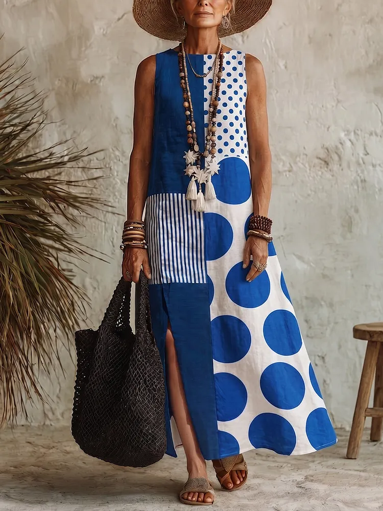 Artistic Polka Dot & Stripe Cotton-linen Dress
