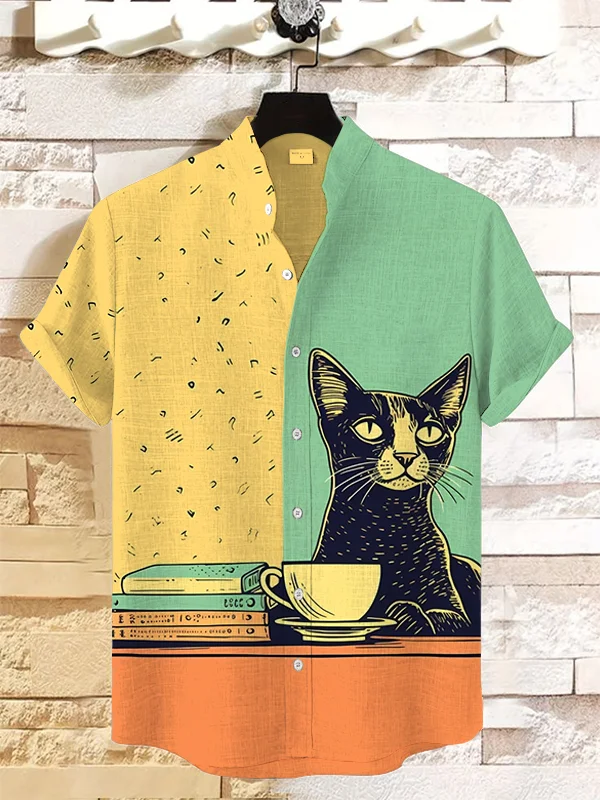 Men's Cat Chilling With Coffee Print Linen Blend Shirt