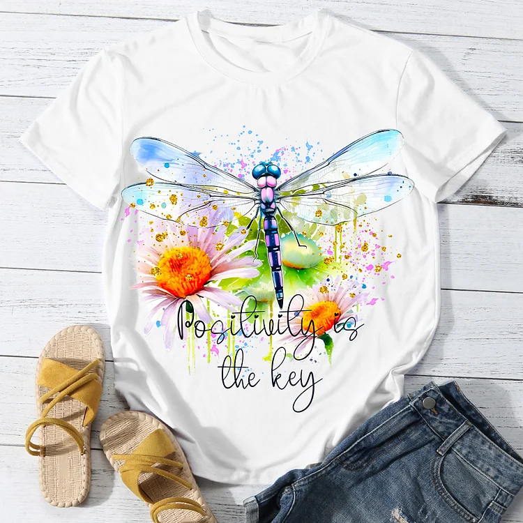 Positivity is the key Dragonfly Women Round Neck T-shirt - BSTCA0110