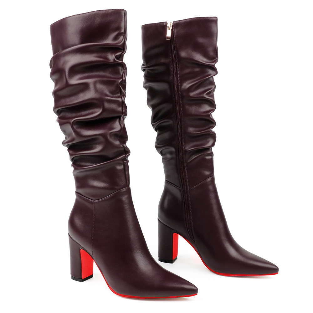 3.35"/8.5cm Women's Knee Red Bottom Boots Chunky Heels Zipper Fashion Sexy Matte Slouchy Boot-MERUMOTE