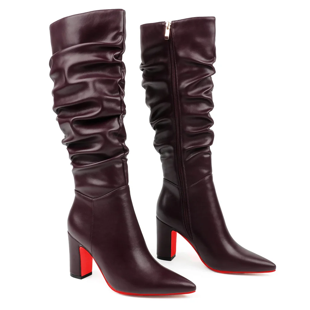 3.35"/8.5cm Women's Knee Red Bottom Boots Chunky Heels Zipper Fashion Sexy Matte Slouchy Boot-MERUMOTE