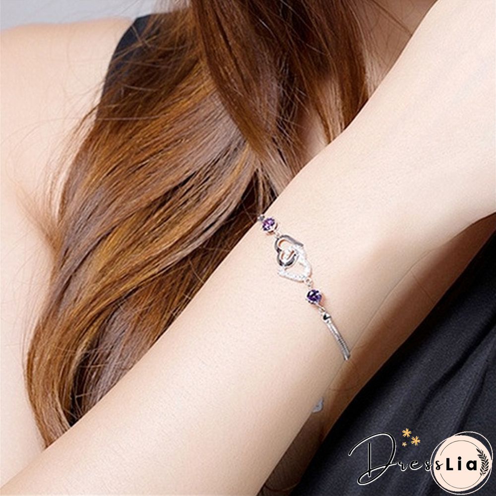 925 Silver Ladies Natural Amethyst Heart-shaped Bracelet Fashion Micro-inlaid Hollow Heart-shaped Zircon Bracelet
