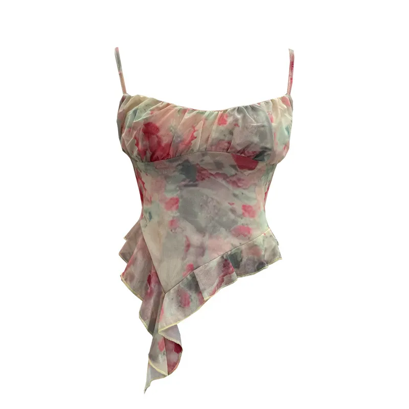 Nigikala Nigikala Shoot 辣tie Bra Irregular Sling Sling Vest Slimming Print Mesh Sleeveless Top 8950