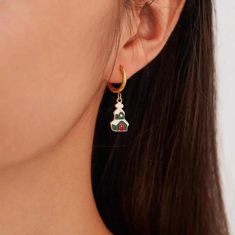 1 Pair Christmas IG Style Cute Christmas House Christmas Tree Bell Enamel Plating 304 Stainless Steel 18K Gold Plated Drop Earrings