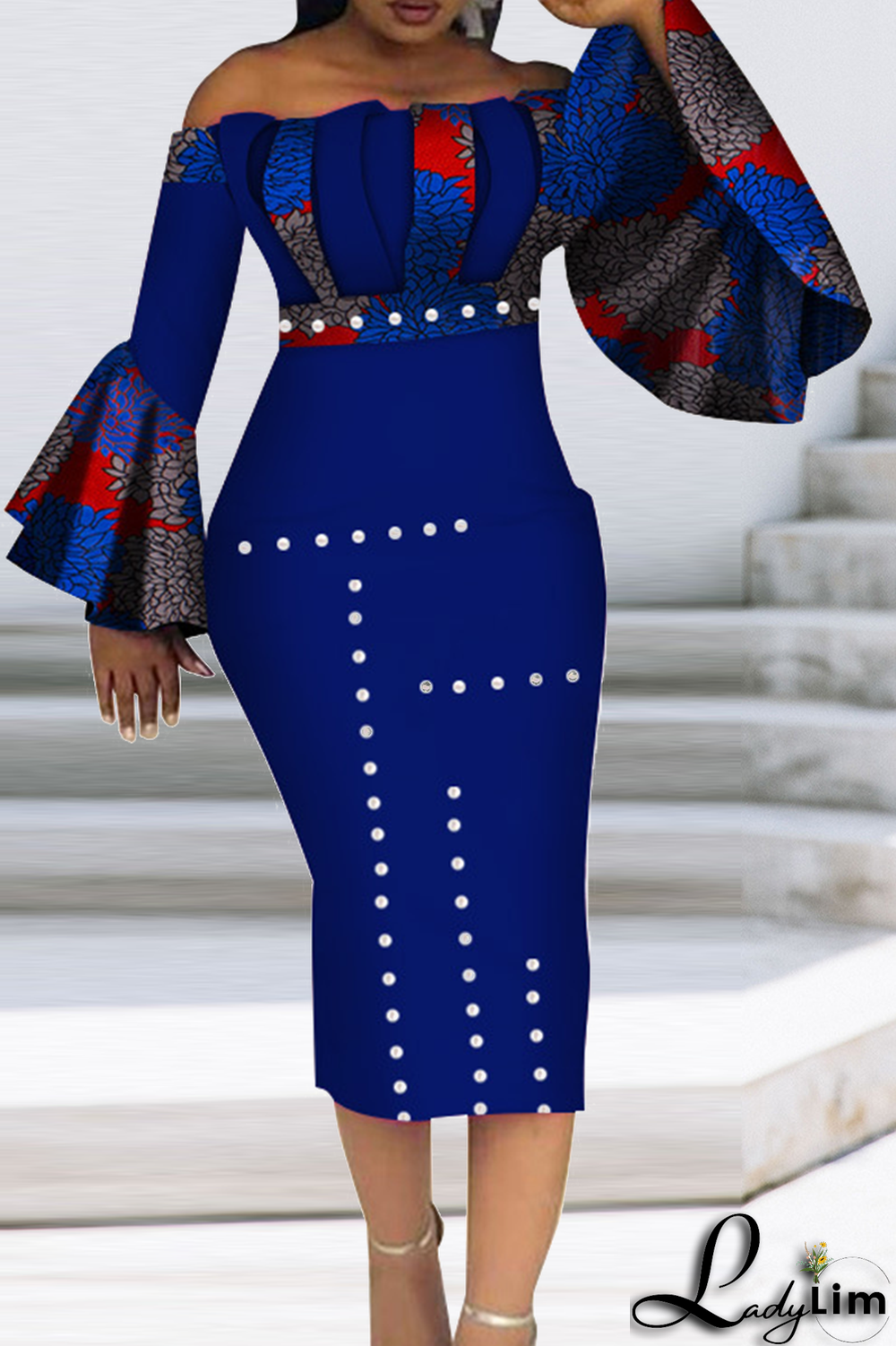 Orange Vintage Print Patchwork Off the Shoulder Pencil Skirt Dresses