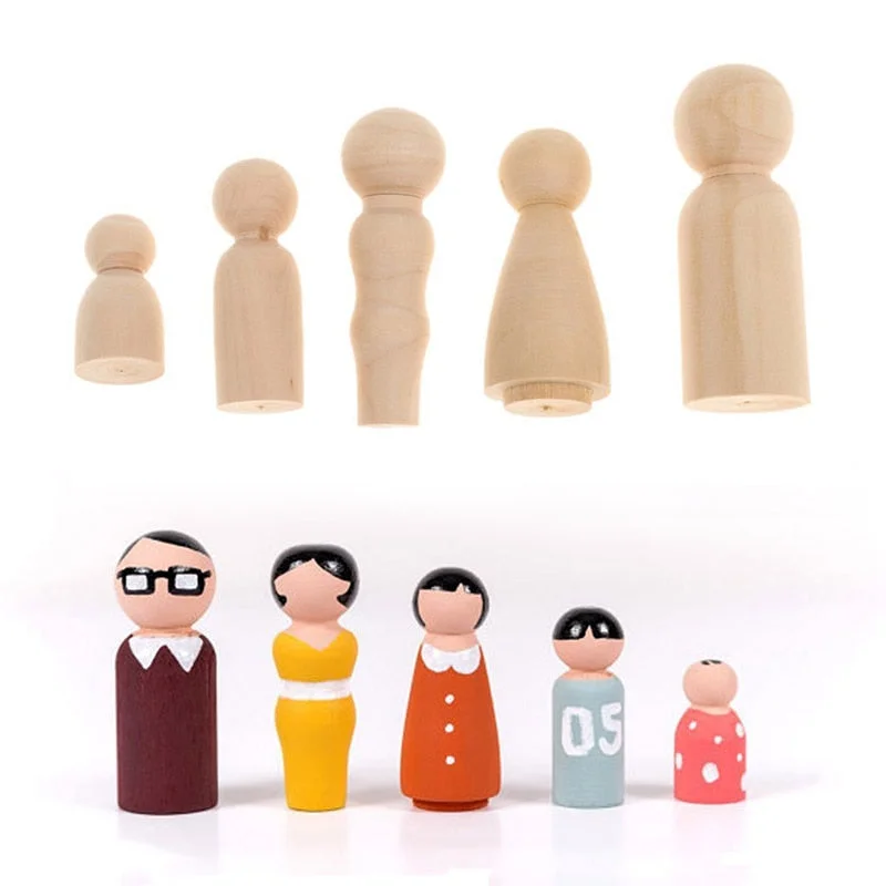 5pcs Puppet Wooden Peg Dolls Family Five People DIY Crafts Unfinished Toys Children's Painted Doodle Natural Color Ornaments